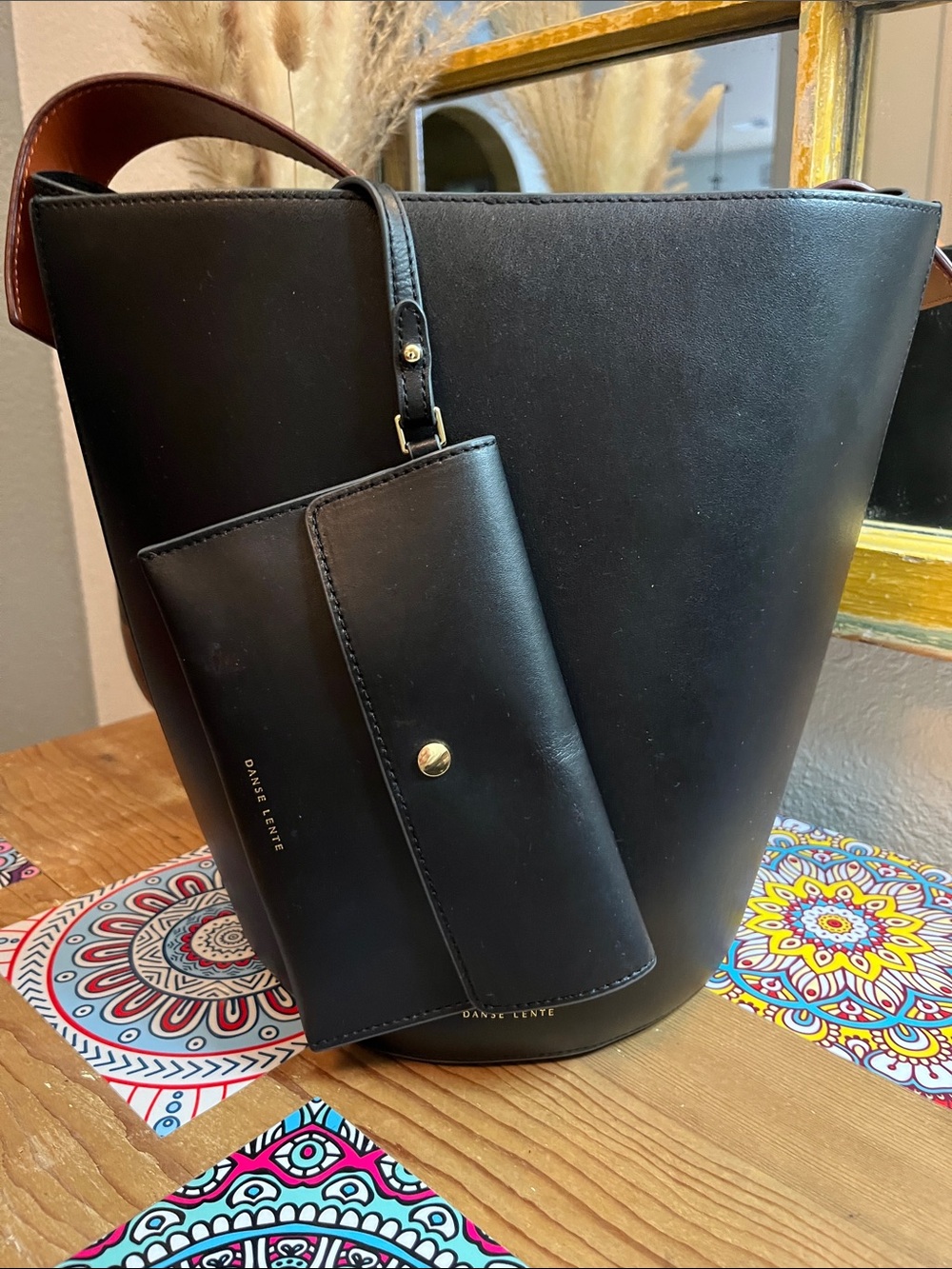 DANSE LENTE Black Leather Shoulder Bucket Bag with Pouch